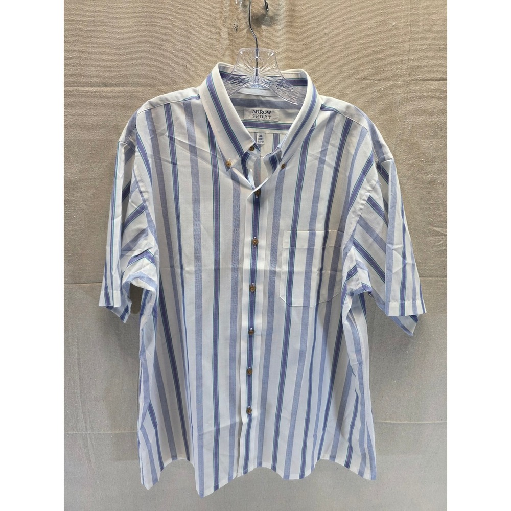 Arrow Sport Mens XL Short Sleeve Button Down Striped Shirt Blue Purple‎ White